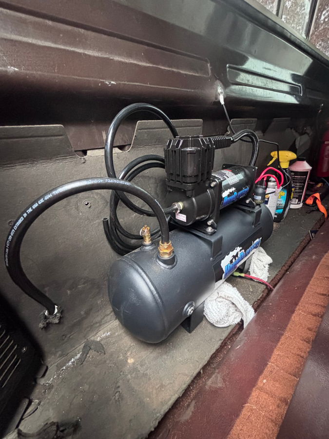 Side profile of 1984 Chevy Silverado K10 with Conductor's Special train horn kit install HornBlasters gallery photo 2