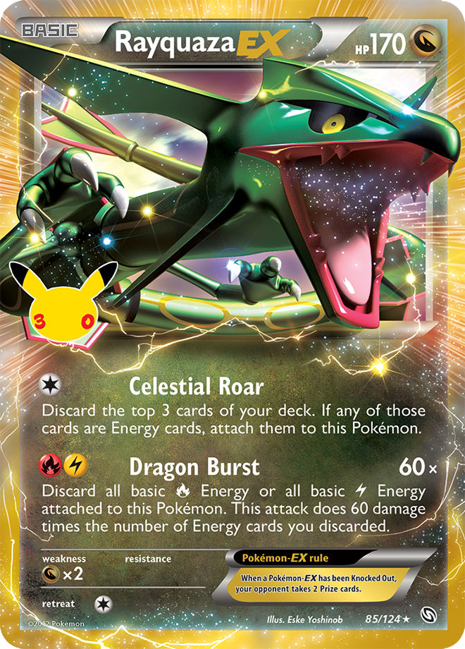 The Rayquaza EX Pokémon card that was recently reprinted in the Pokémon TCG's 30th Celebration Classic Collection.