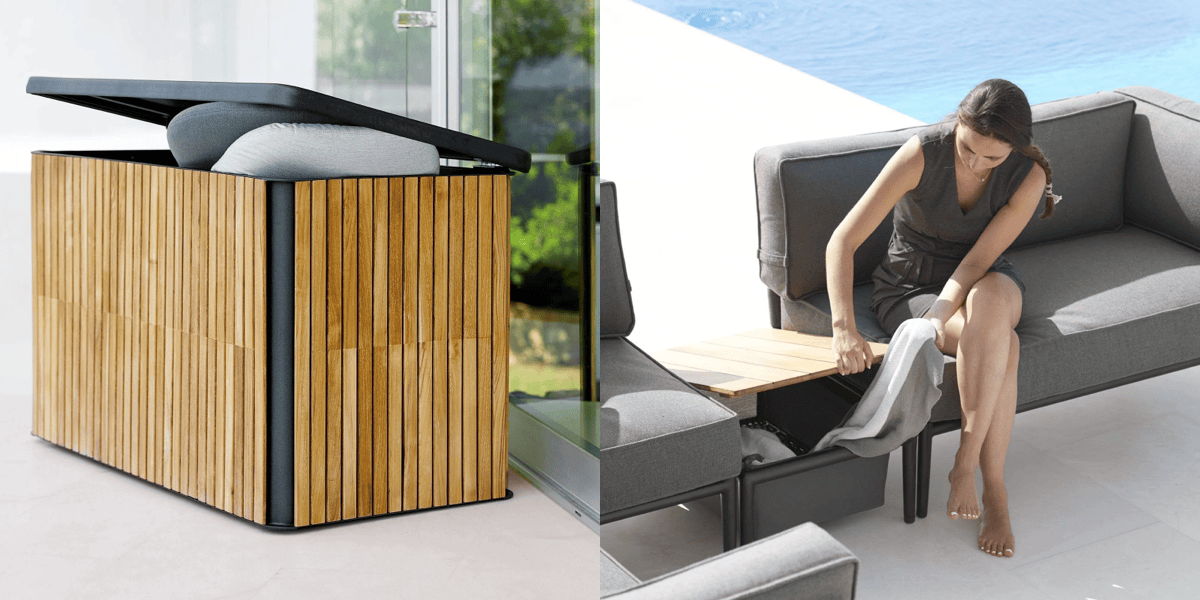 Split image showing concealed outdoor storage: a teak slatted cube with cushion top and a woman accessing hidden storage inside a sectional corner table.