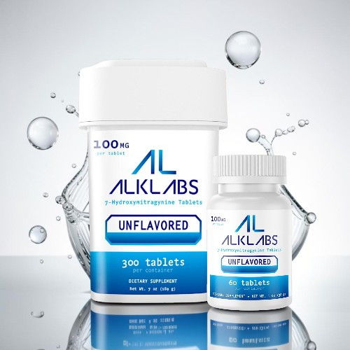 Bottles of ALKLABS unflavored tablets with water droplets in the background.