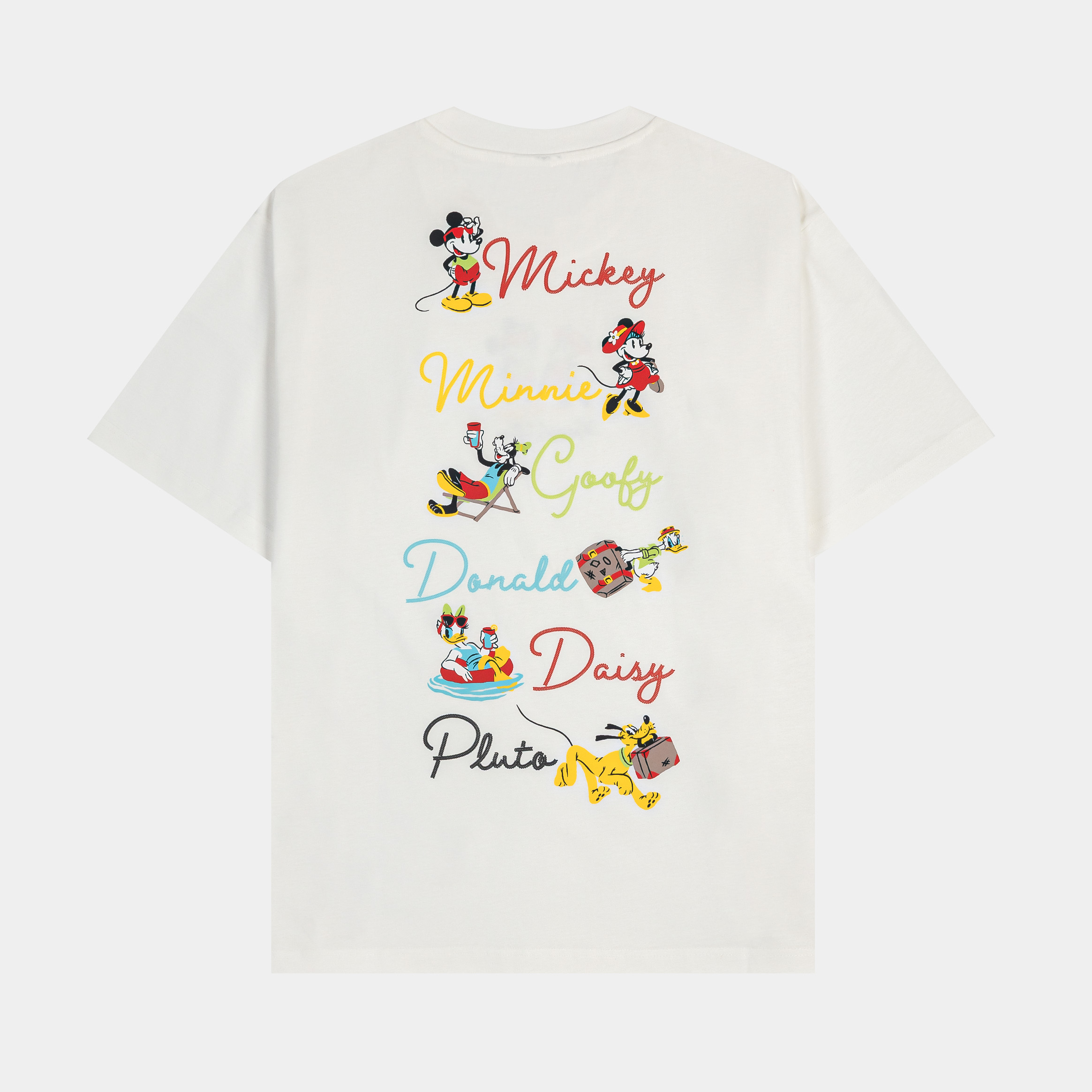 White t-shirt featuring Mickey and Minnie Mouse graphic design.
