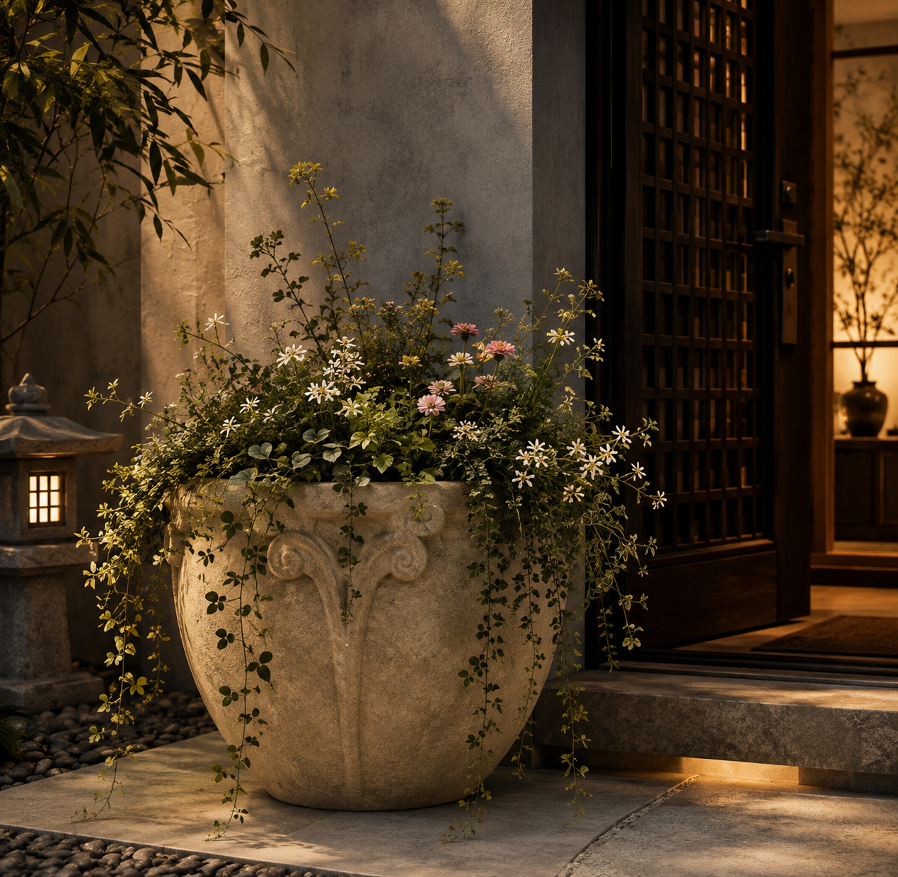 A decorative planter with plants in a dimly lit setting.