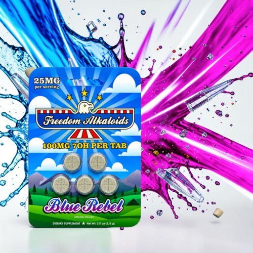 Colorful background with a package of Blue Rebel tablets.