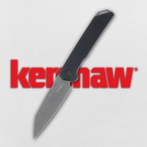 A knife with a black handle and Kershaw logo in the background.
