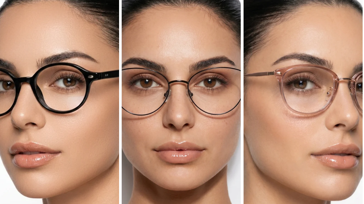 Small, medium, and large eyeglass frames compared side by side for progressive lenses