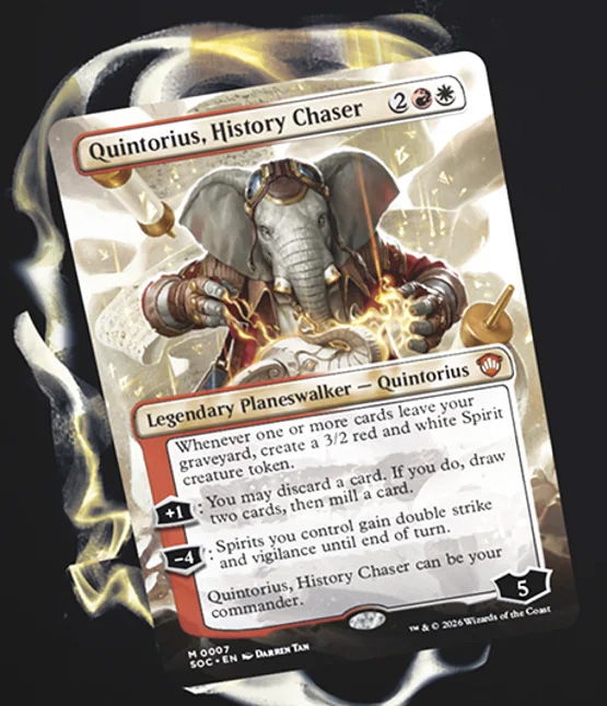 Magic: The Gathering card featuring Quintorius, History Chaser, a legendary planeswalker.