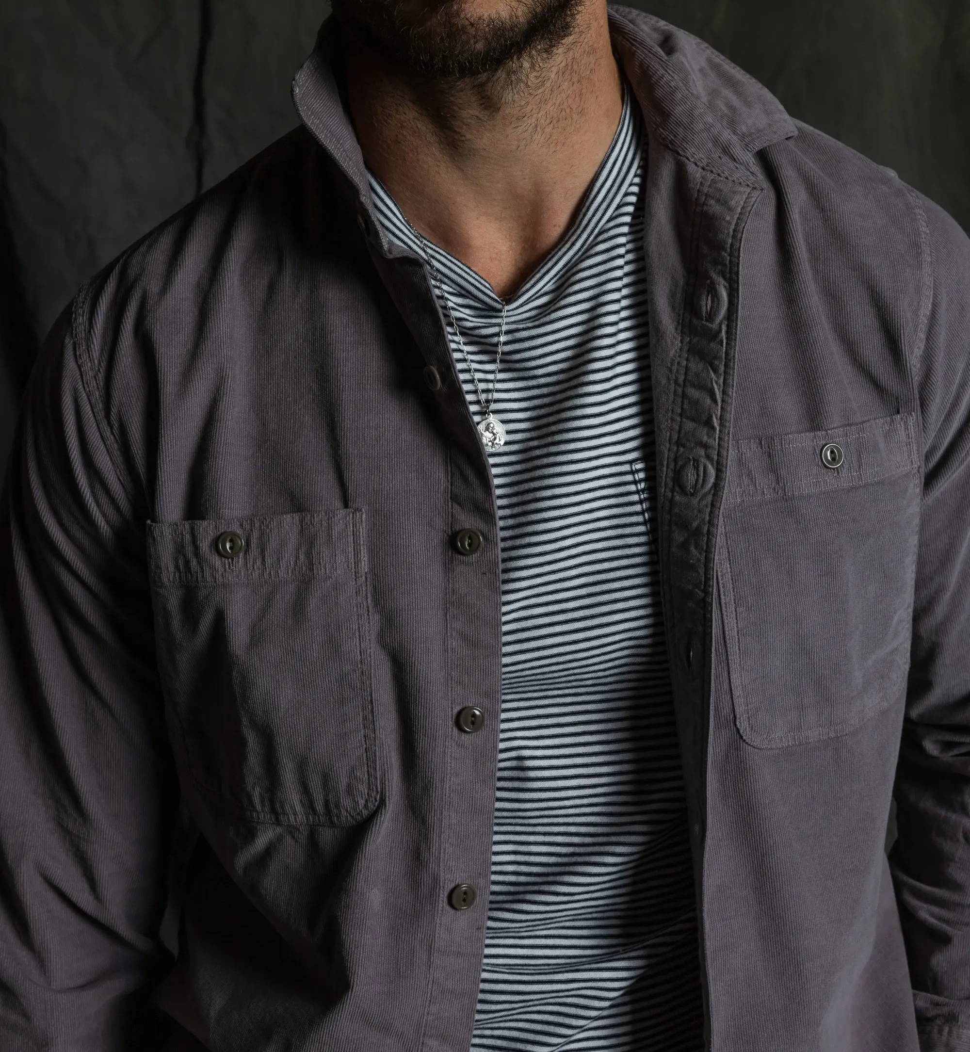 The Rivay Barned Corduroy Shirt in Greyed Violet