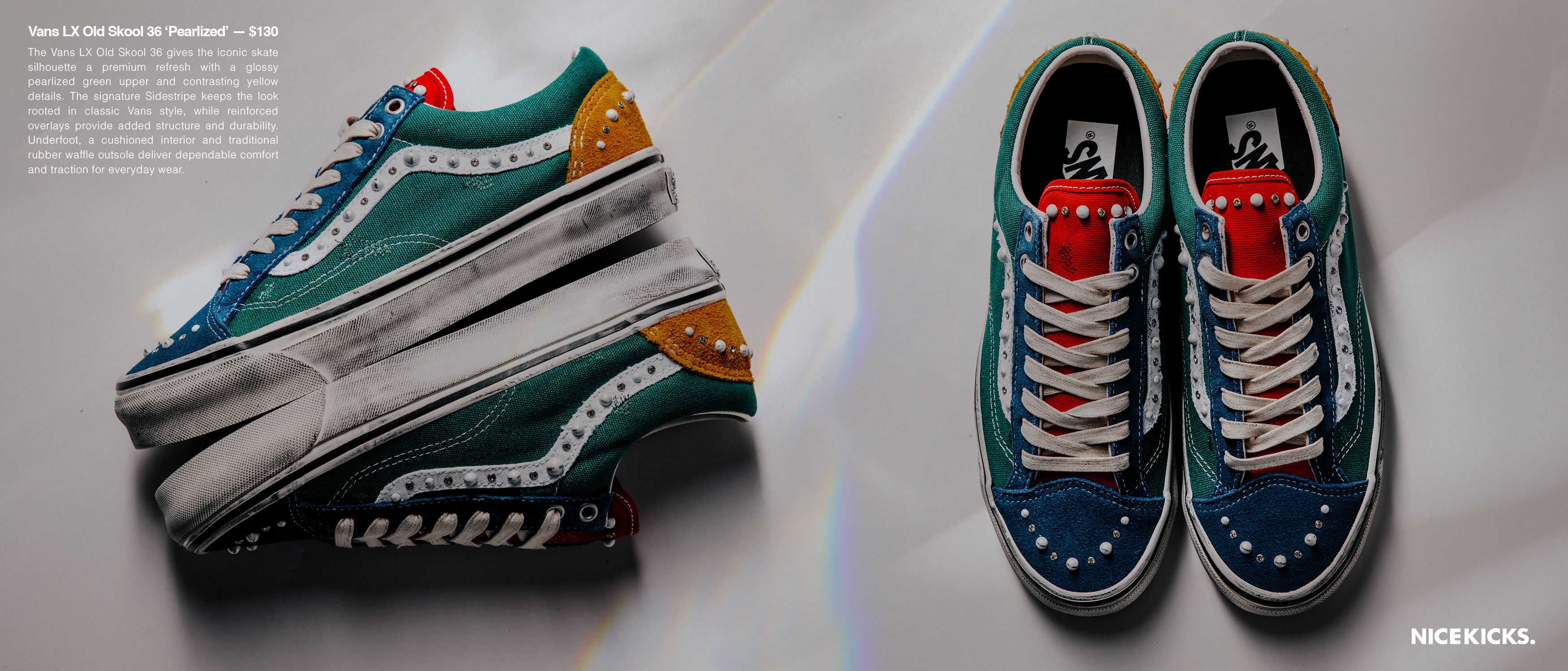 Colorful sneakers with blue, green, and yellow accents on a white background.