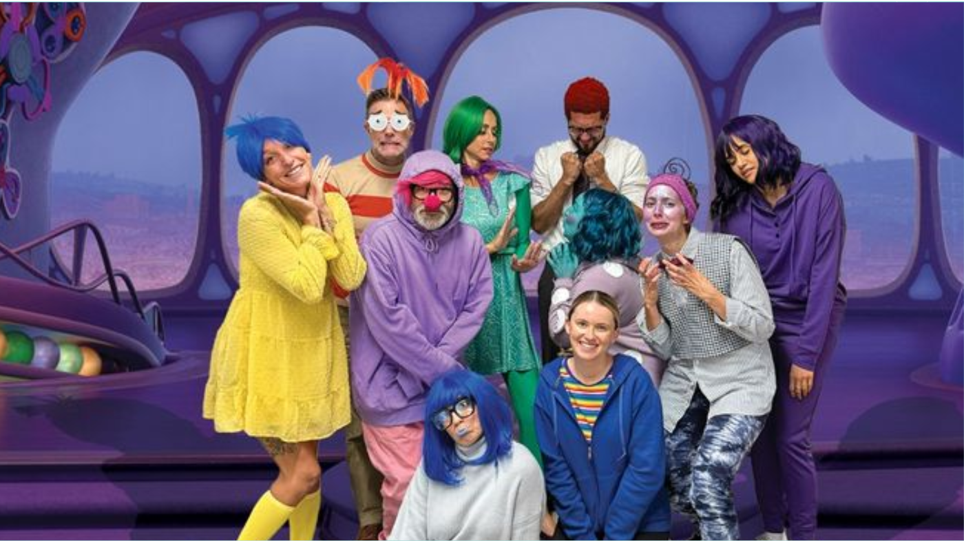 Inside Out 2 group cosplay idea featuring Envy alongside other emotions like Joy, Sadness, Anger, and Anxiety, with coordinated green contacts and costumes for a cohesive convention look