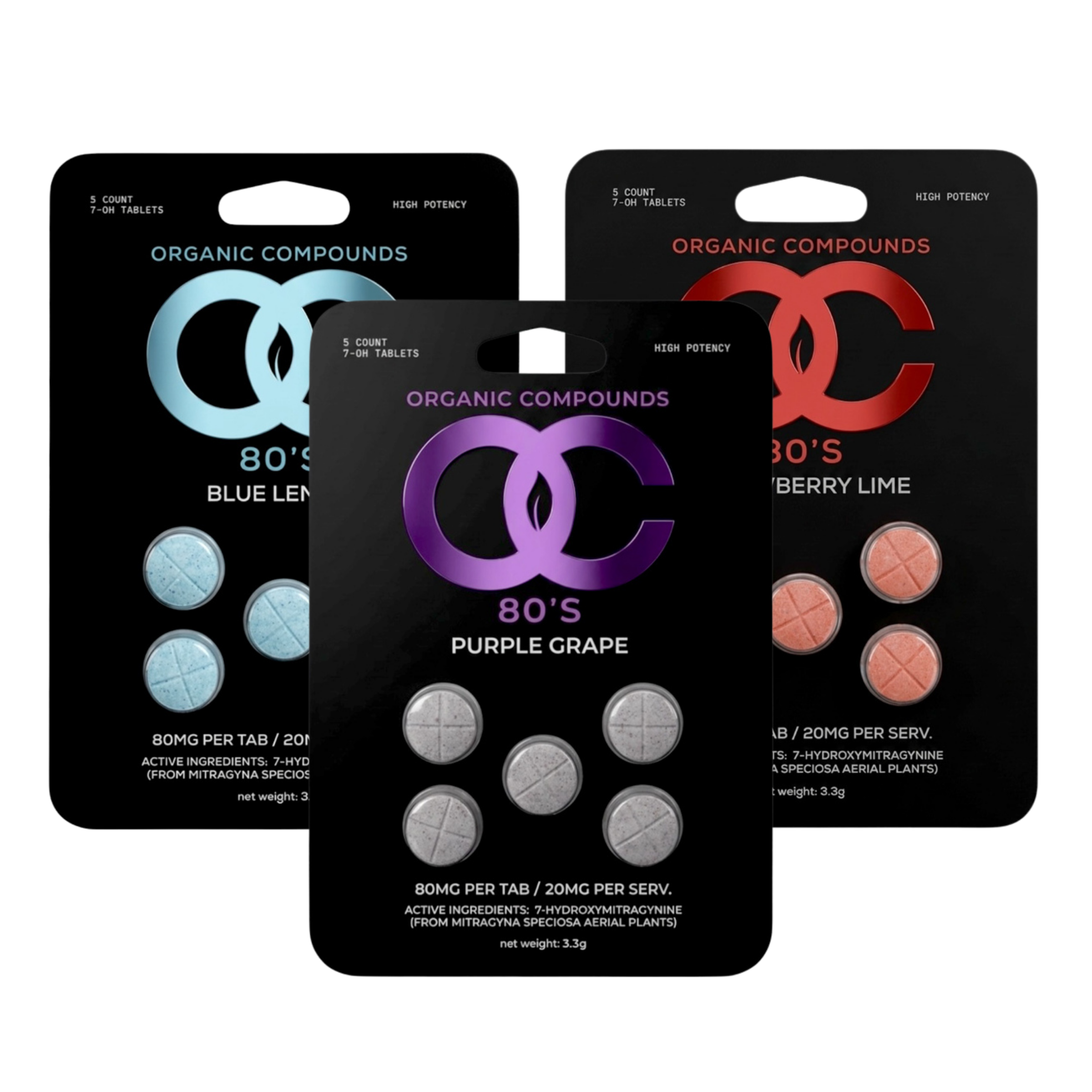 Three packs of organic compounds with different flavors: Blue Lemonade, Purple Grape, Raspberry Lime.