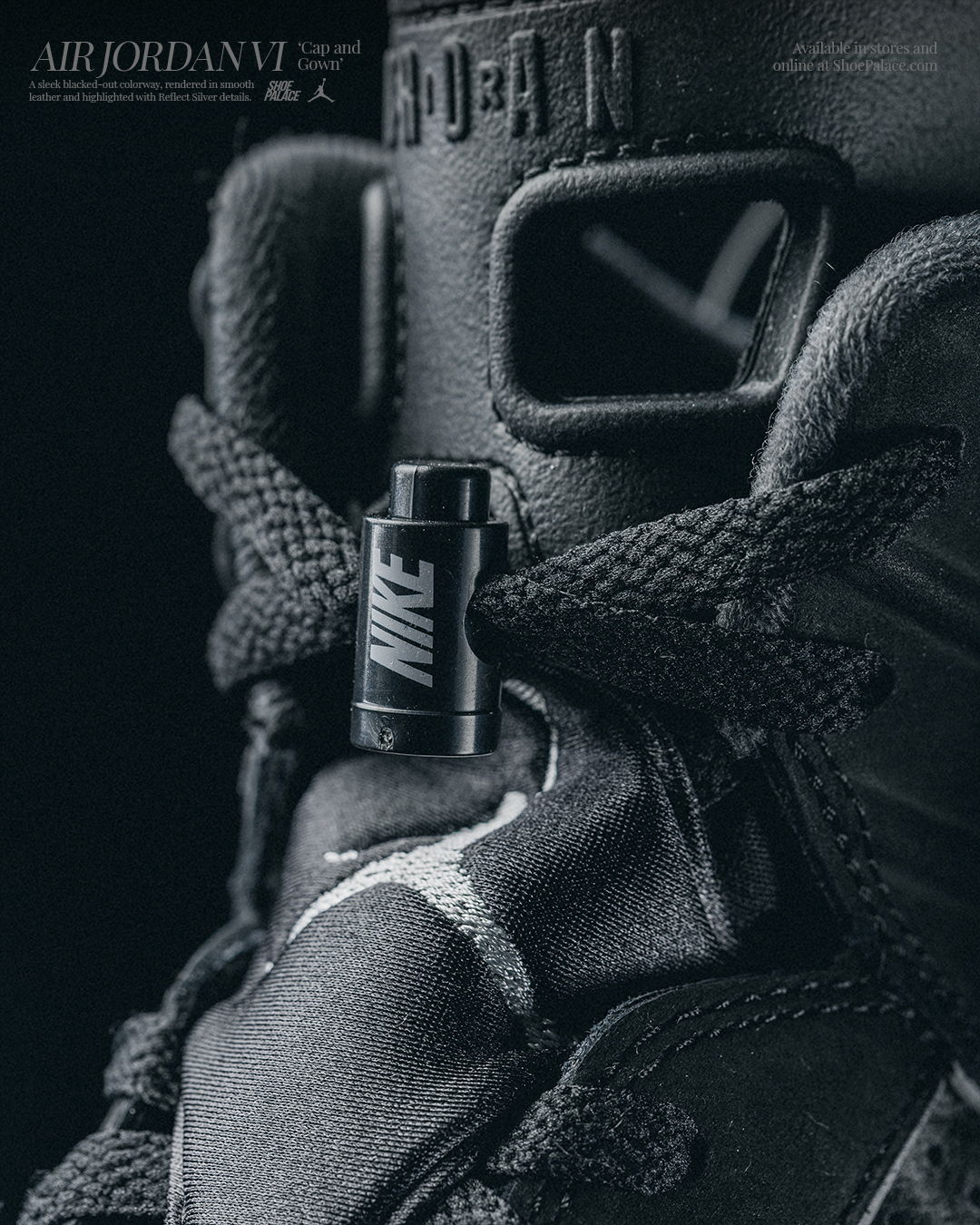 Close-up of black Air Jordan sneakers with Nike logo and laces.