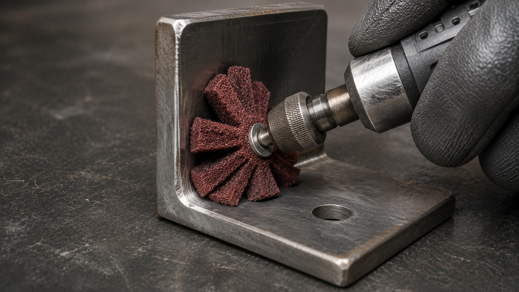 Eye-level view of cross buff on die grinder with segments visibly bent and conforming into a 90-degree metal bracket corner, gloved hand holding grinder steady