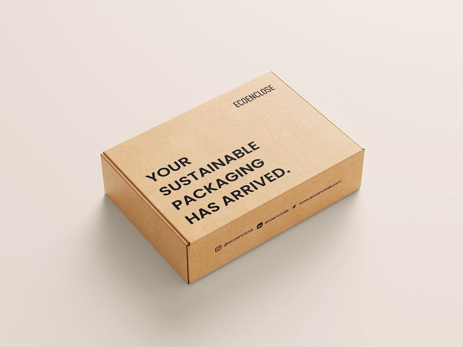 A cardboard box with text about sustainable packaging.