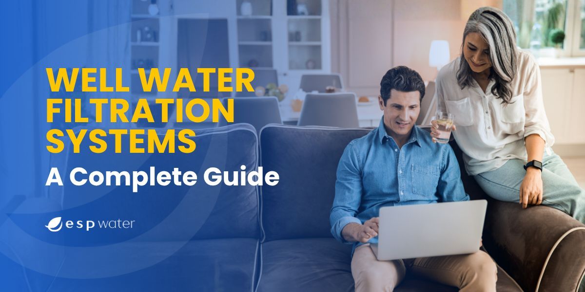 A man and woman discussing well water filtration systems while using a laptop.