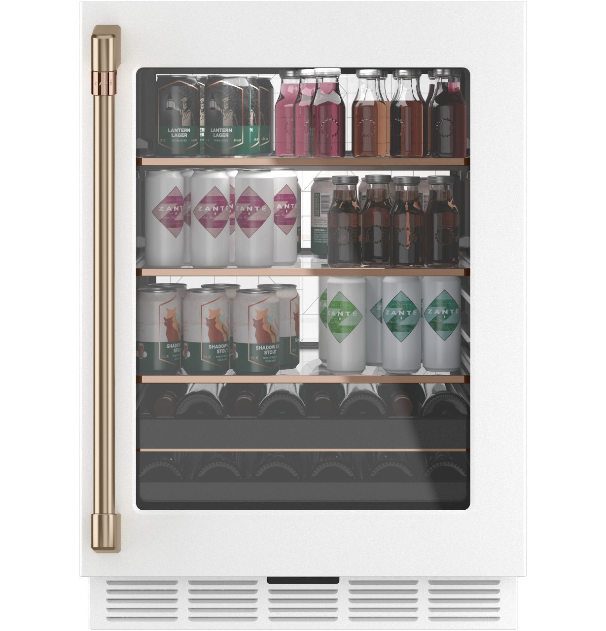 Refrigerator filled with various beverages in cans and bottles.