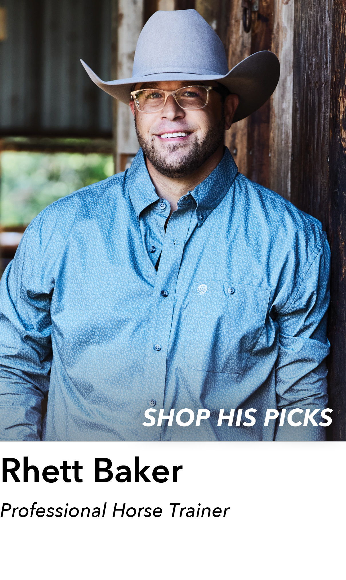 Man in a cowboy hat and blue shirt, promoting horse training.