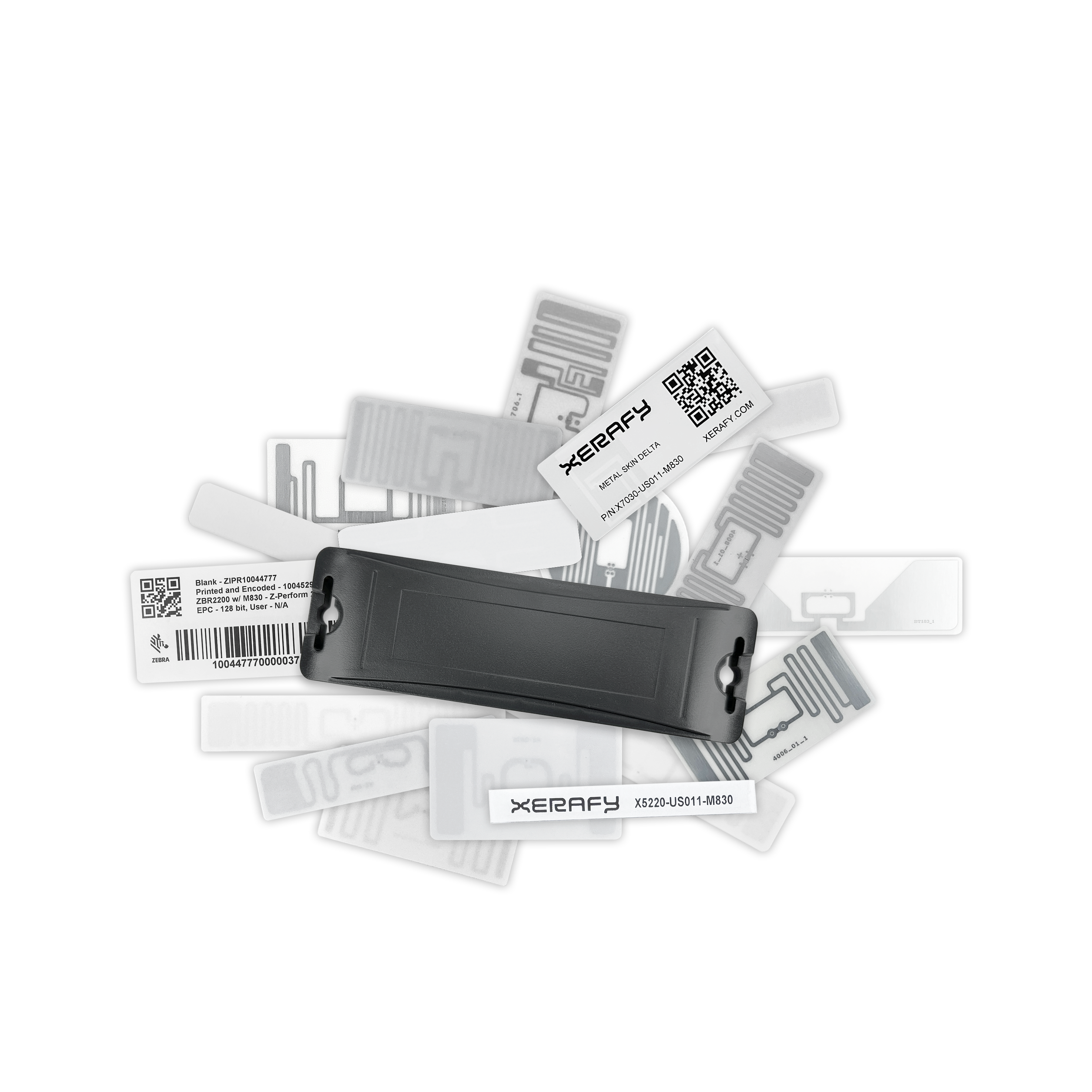 A collection of cards and a black holder on a black background.