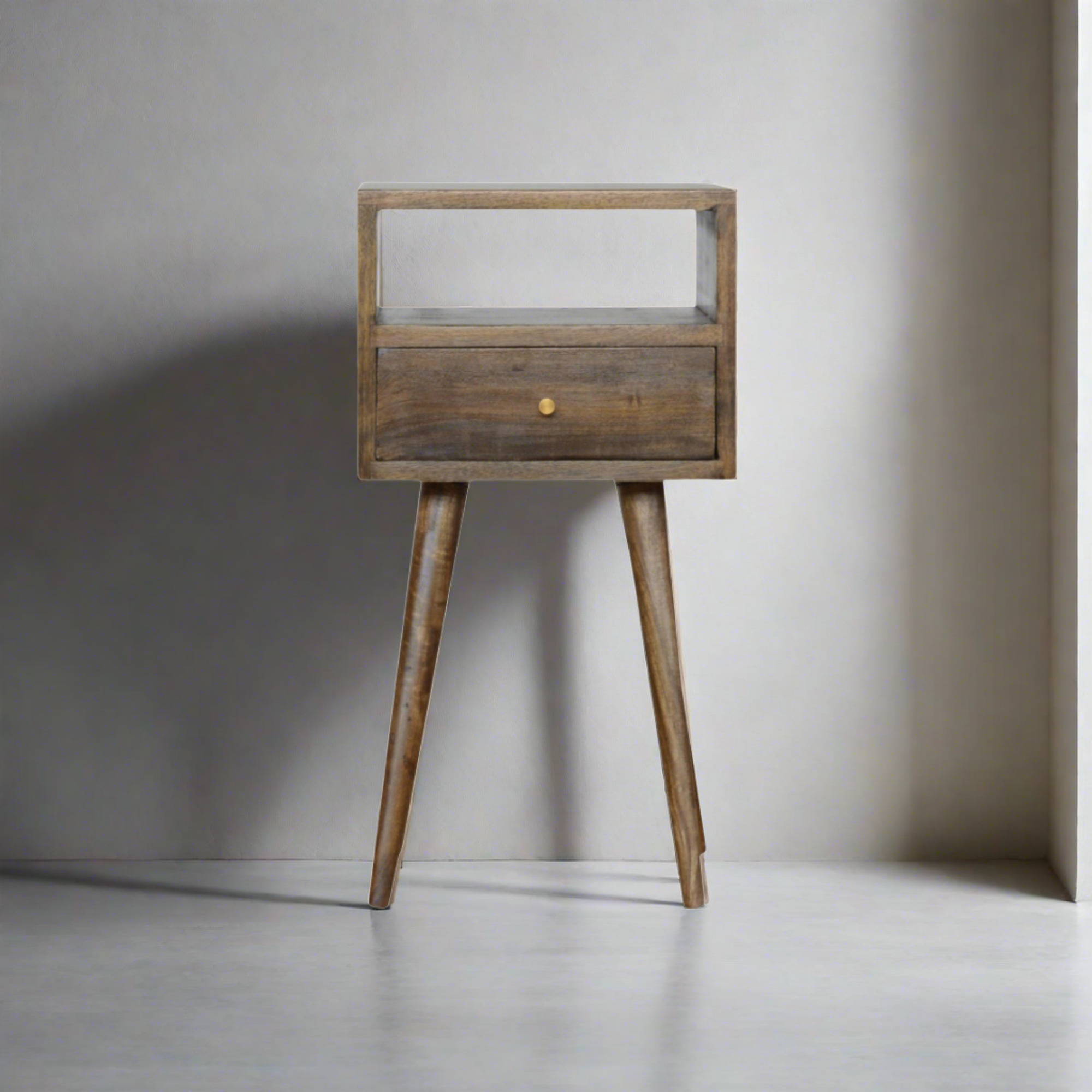 Ronan small wooden bedside table in grey wash finish | malletandplane.com