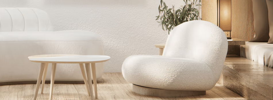 Modern living room: white fluffy single chair, light-colored round side table; background: white sofa, green plants, warm lamps, minimalist and comfortable.