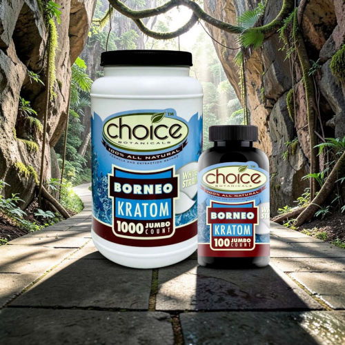 Two containers of Borneo Kratom in a natural setting.