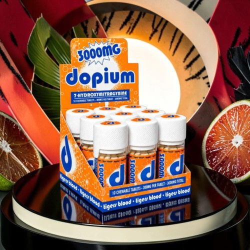 A display of Dopium bottles on a colorful background.