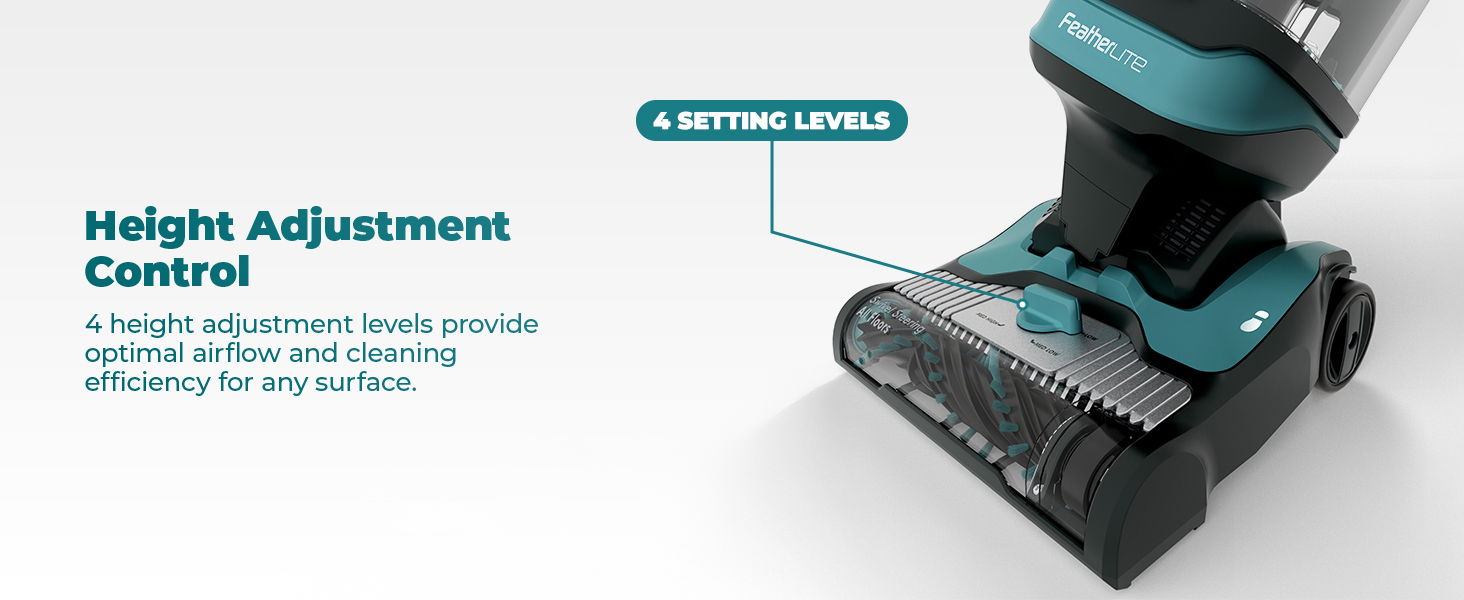 Height adjustment control for optimal cleaning efficiency on various surfaces.