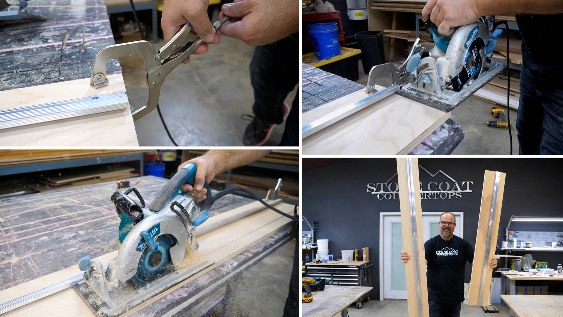 Step #5: Make your first cut! Secure saw guide to a table, slide circular saw into the guide, and make your initial cut. 