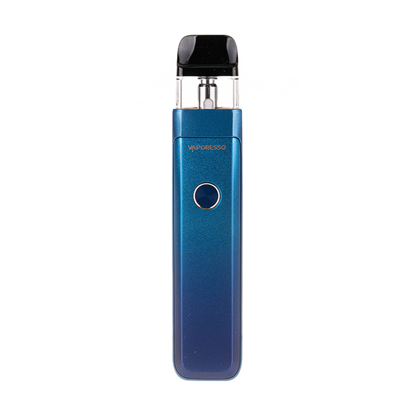 Blue vape pen with a black mouthpiece and a circular button.