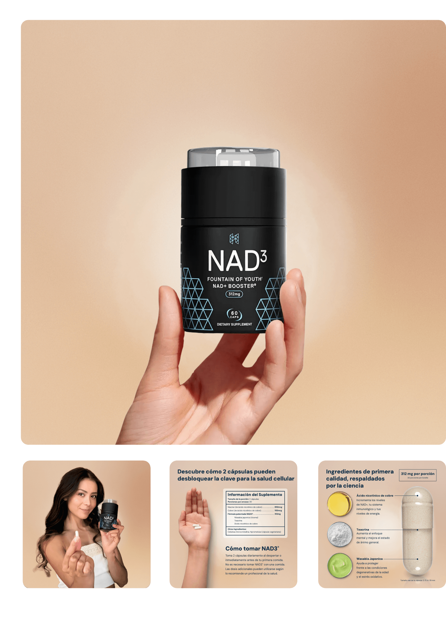 Person holding a black NAD3 product with informational graphics below.