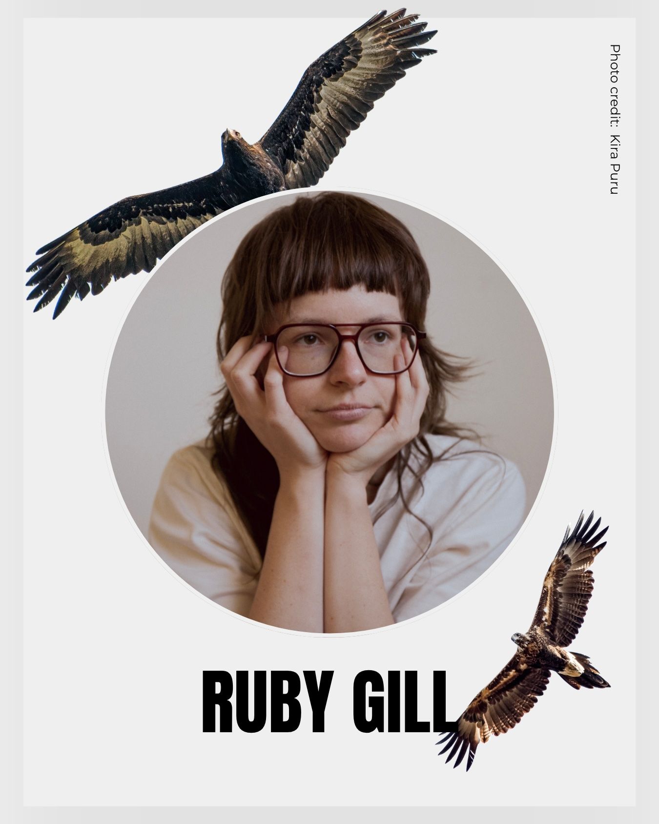 Bird Tales main image of musician Ruby Gill, with two Wedge-tailed Eagles