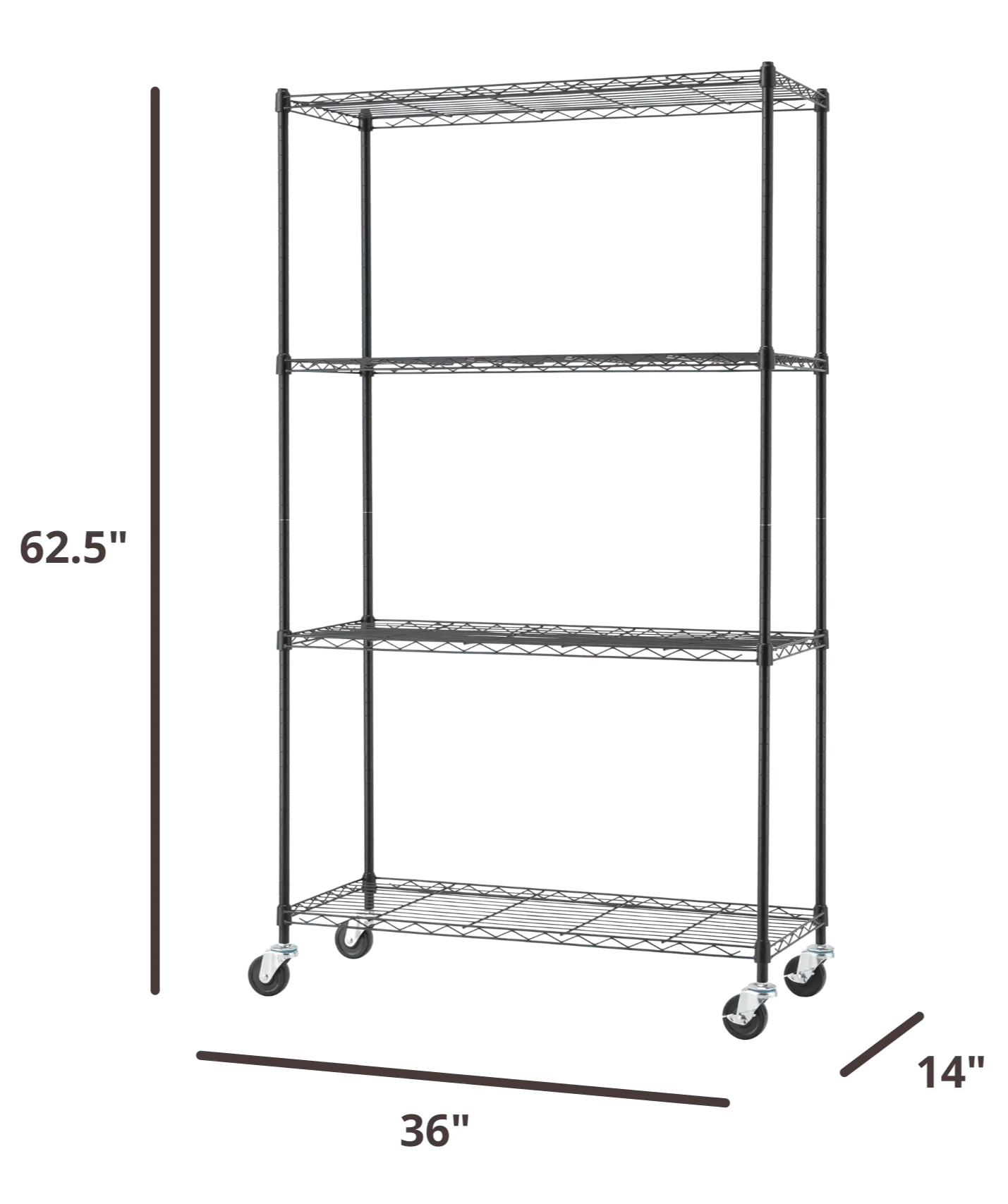 62.5 inches tall by 36 inches wide black wire shelving rack