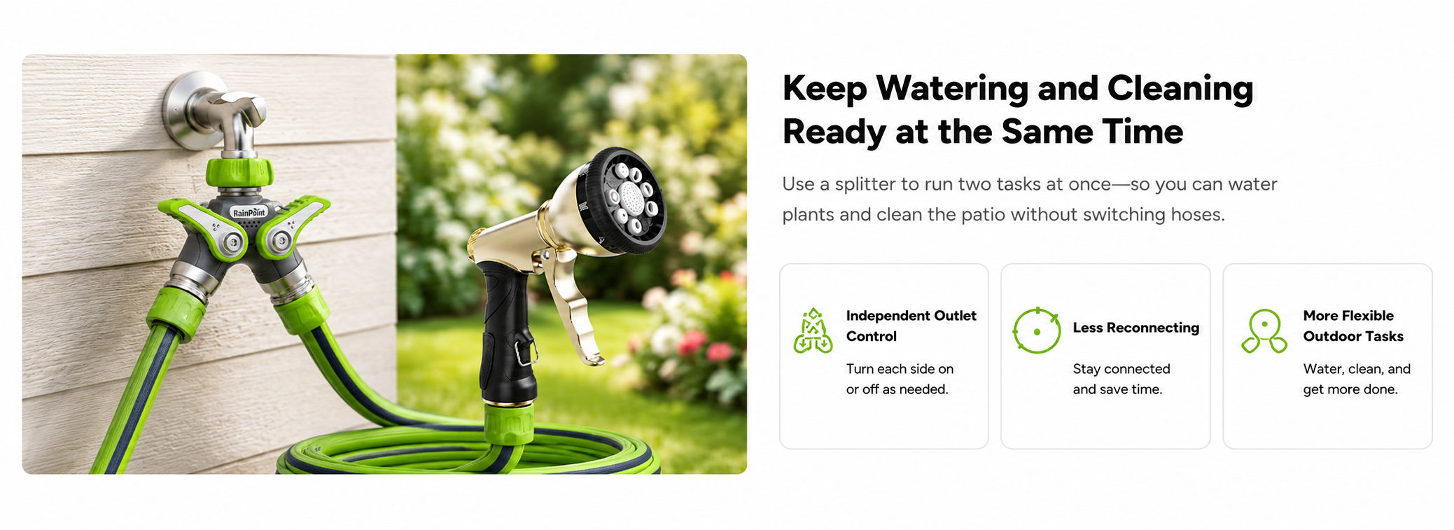 Garden hose and sprayer with text about watering and cleaning simultaneously.