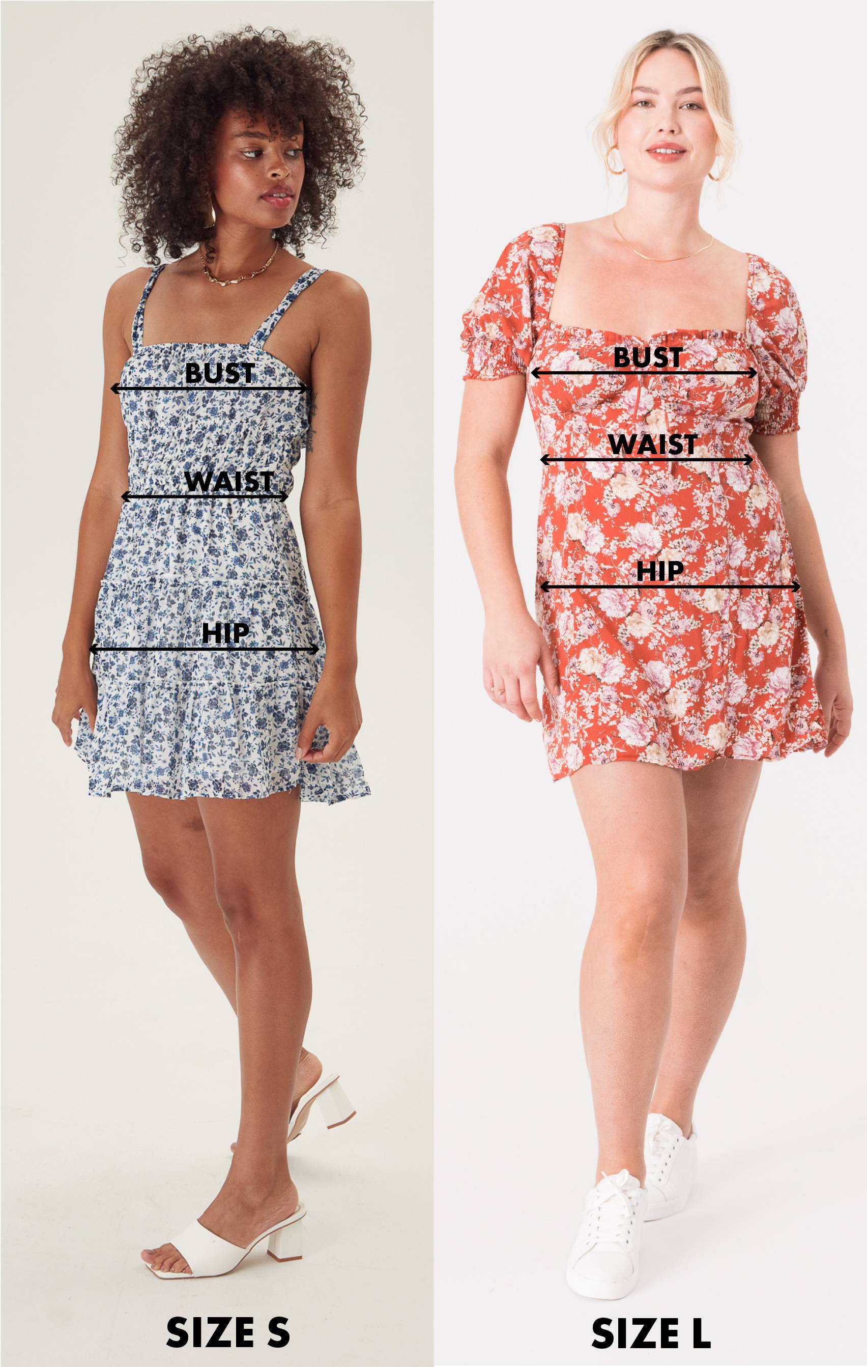 Trixxi size chart comparing a size S and a size L girl with area measurement guides at the bust, waist, and hip.