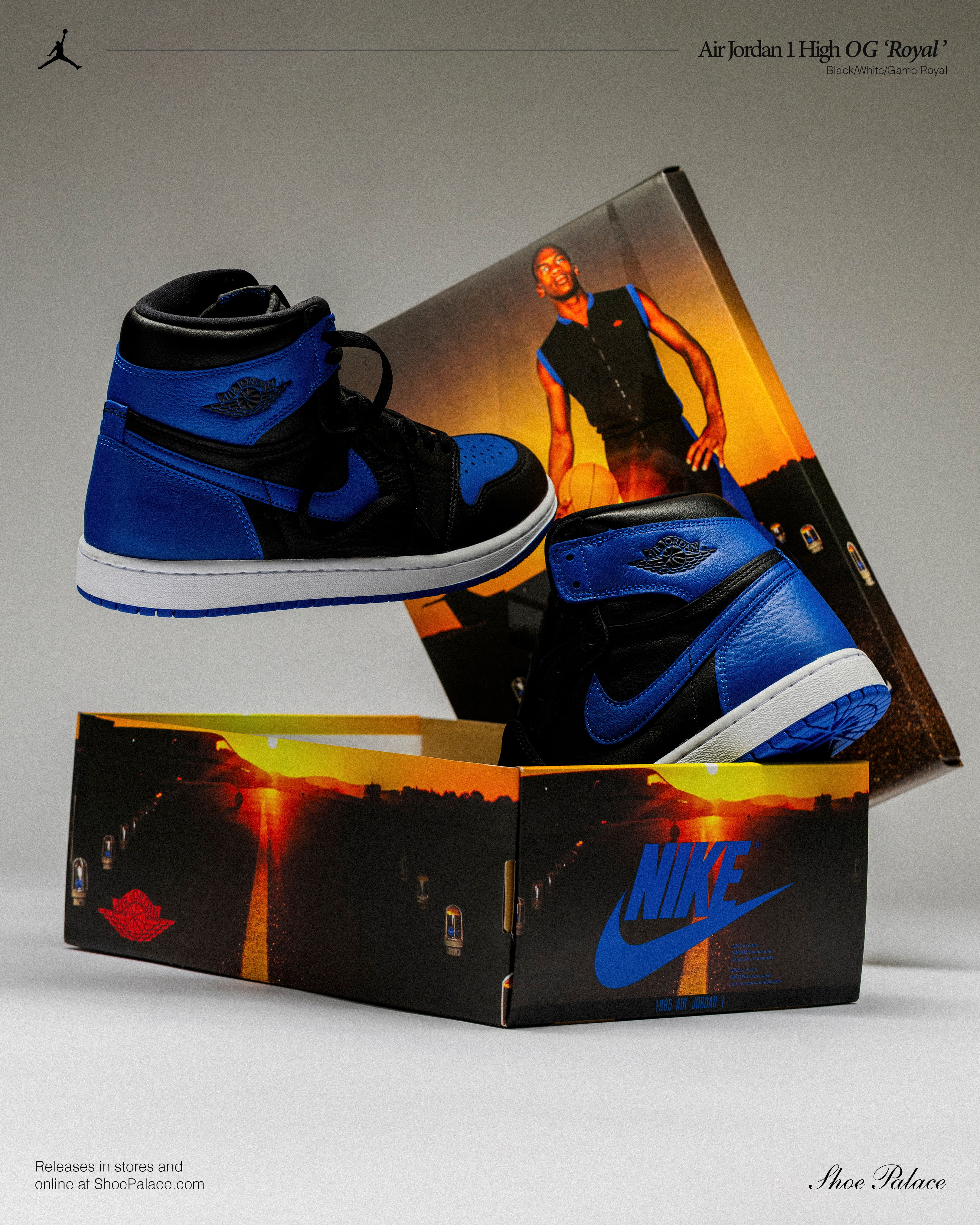 Blue and black high-top sneakers on a display box.
