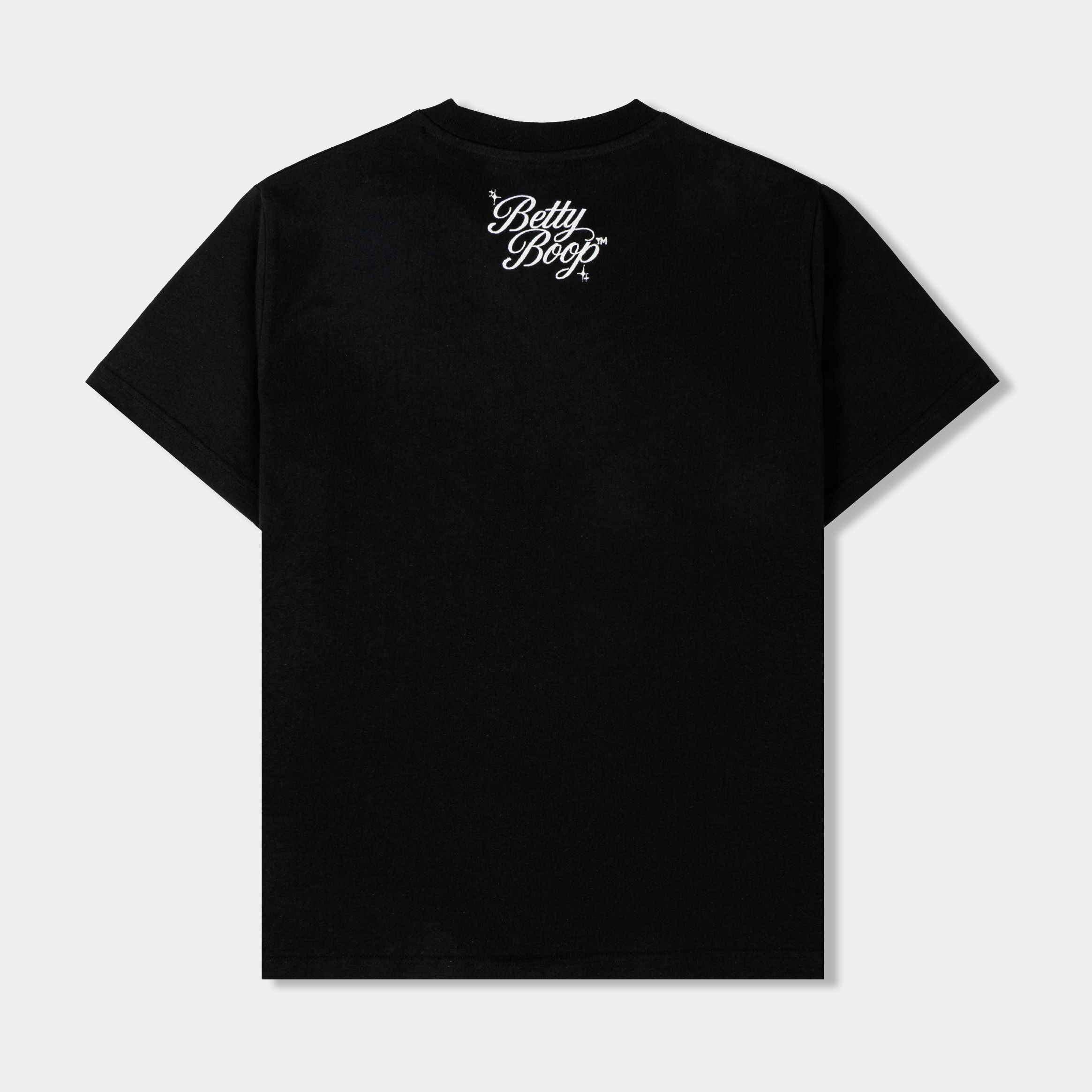 Black t-shirt featuring cartoon characters, one angelic and one devilish.