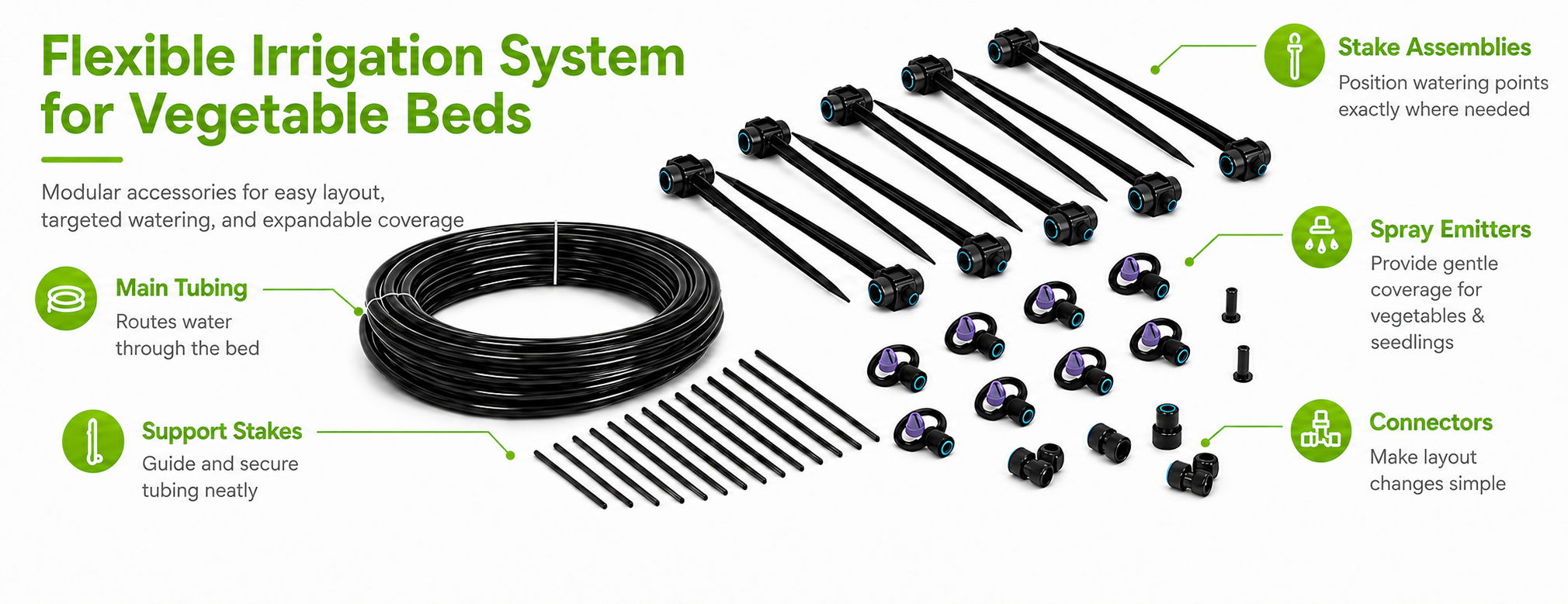 Flexible irrigation system components for vegetable beds, featuring assembly instructions.