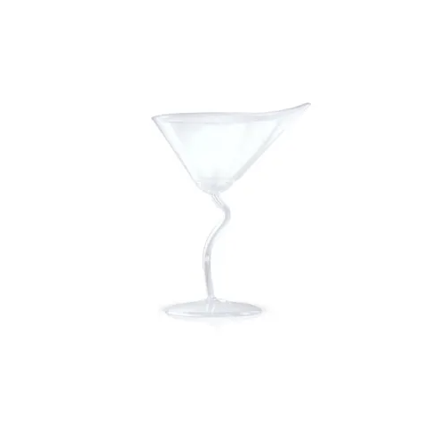 A clear martini glass with a bent stem