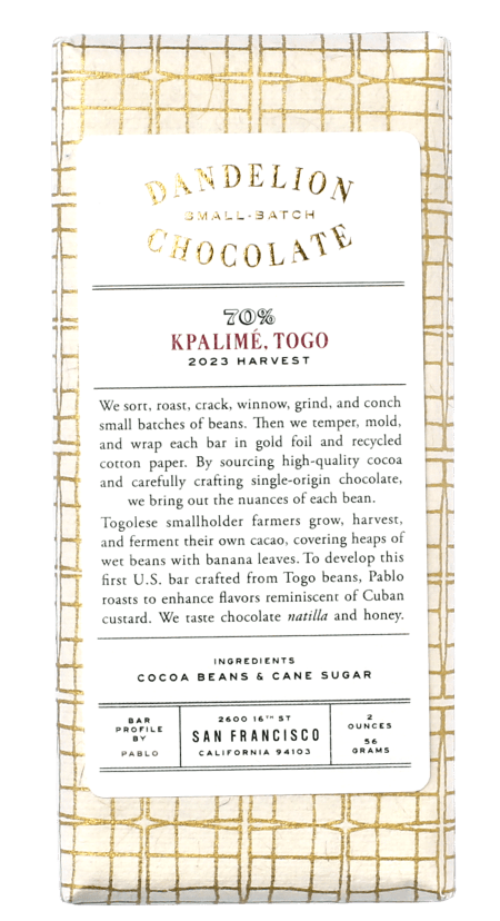 Dandelion Chocolate bar packaging with description and ingredients listed.