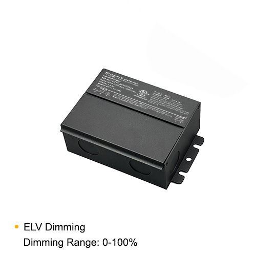Class 2 LED Dimmable Transformer 96W 24V constant voltage power supply with integrated junction box compatible with ELV dimmers for LED strip lights, under cabinet lighting, and architectural lighting