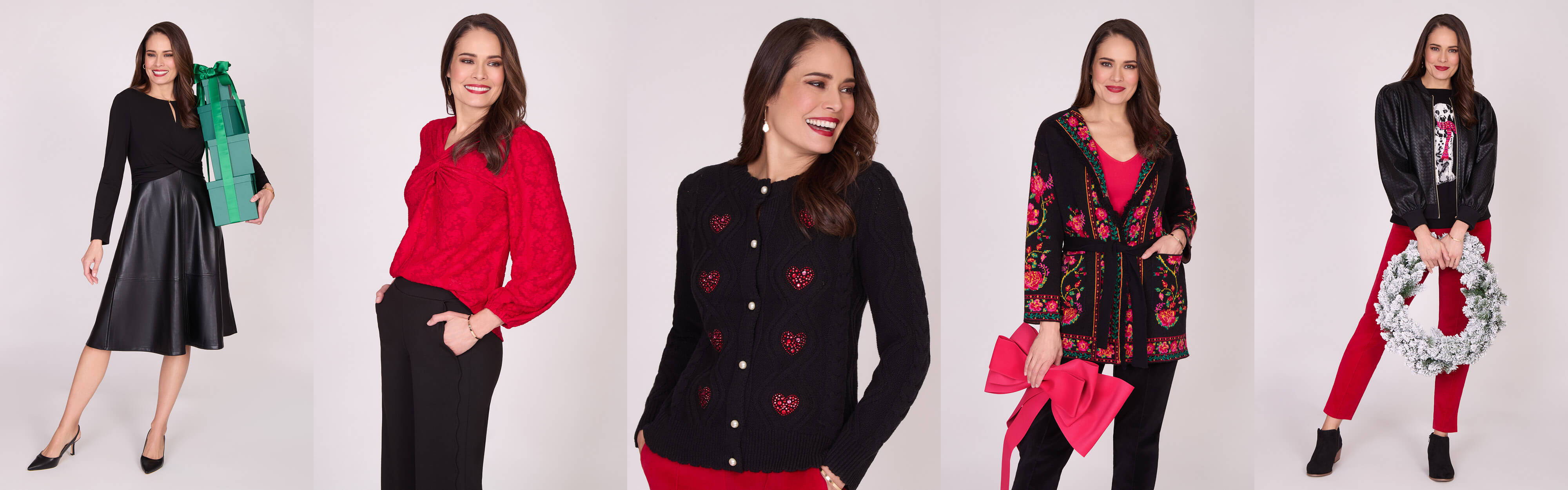 Five women modeling festive clothing in various styles and colors.