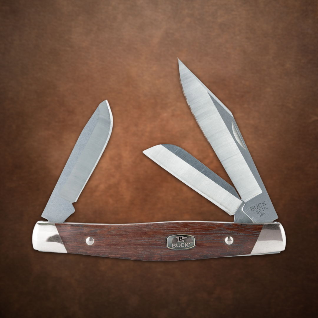 A multi-blade pocket knife with wooden handle on a brown background.