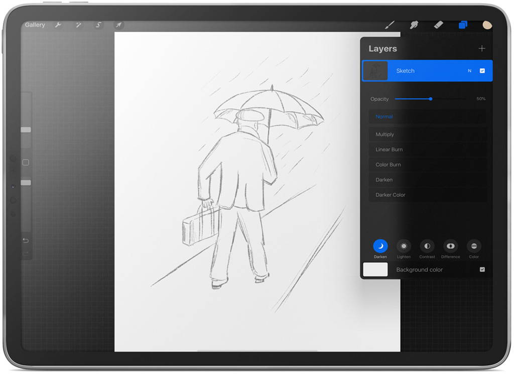 Lowering the opacity of rough sketch of man walking with umbrella illustration in Procreate on an iPad