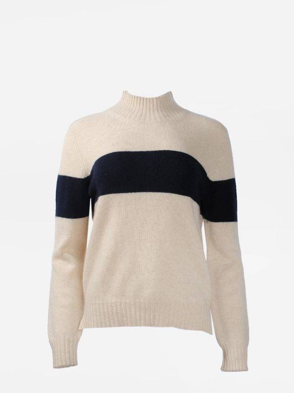 Product image of Jumper 1234 Oatmeal coloured jumper with a turtleneck and a bold, navy blue strip across the chest and upper arms.