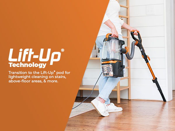 Person using a vacuum cleaner with Lift-Up Technology in a home setting.