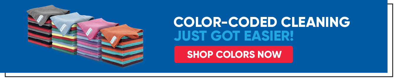 Color-coded cleaning products with a call to shop.