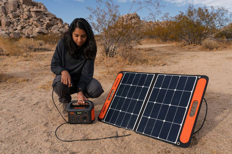 A woman is using Jackery solar panel to recharging the explorer 160 power station.