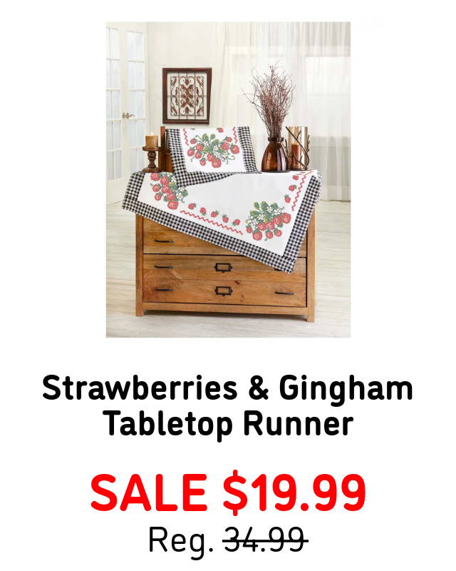 Strawberries & Gingham Tabletop Runner — Sale $19.99. (shown in image).