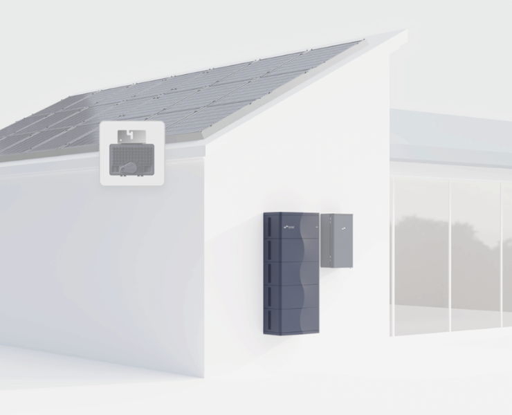 Modern house exterior with solar panels and Lunar battery system.