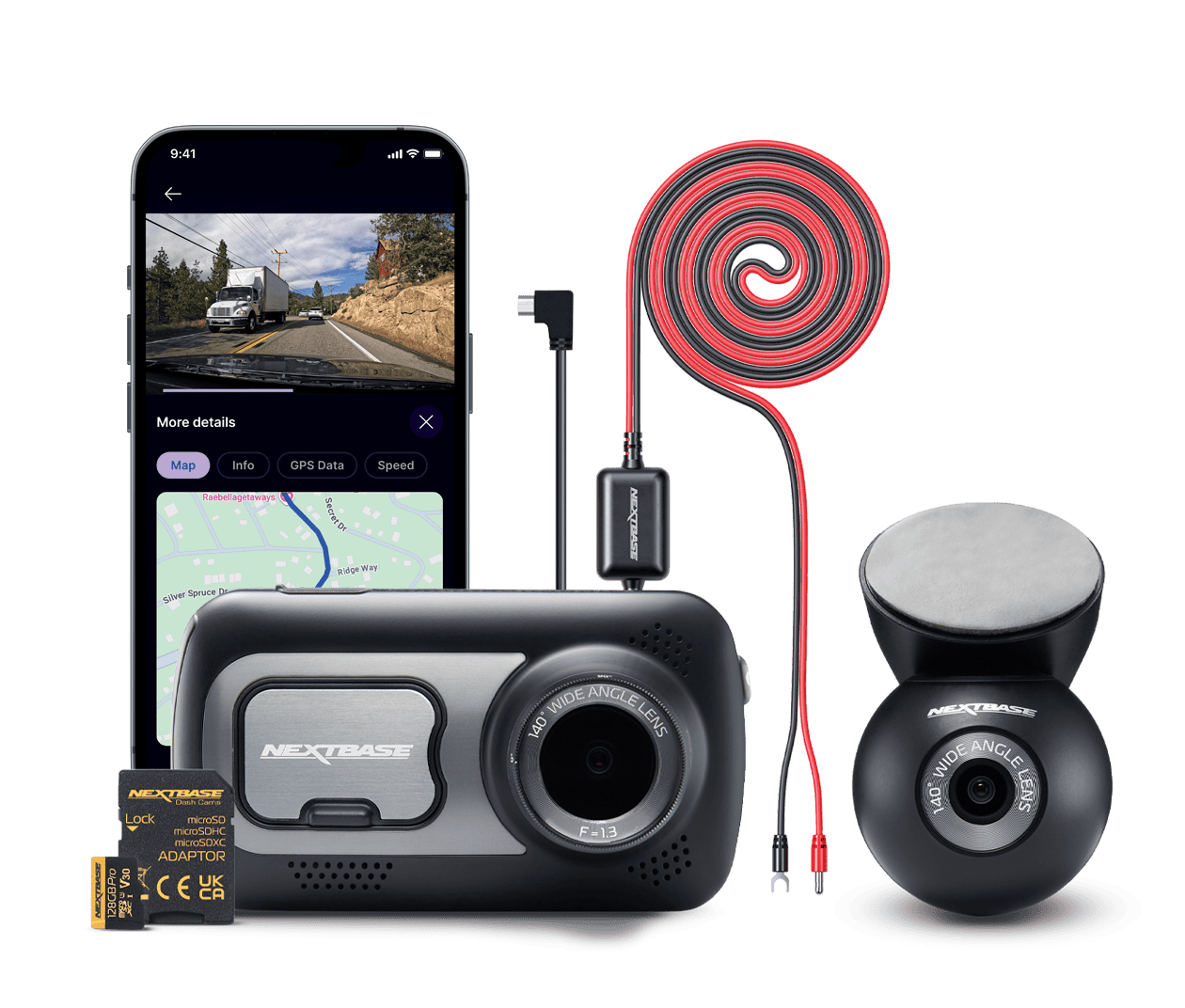 Dashboard camera with smartphone, cable, and secondary camera.