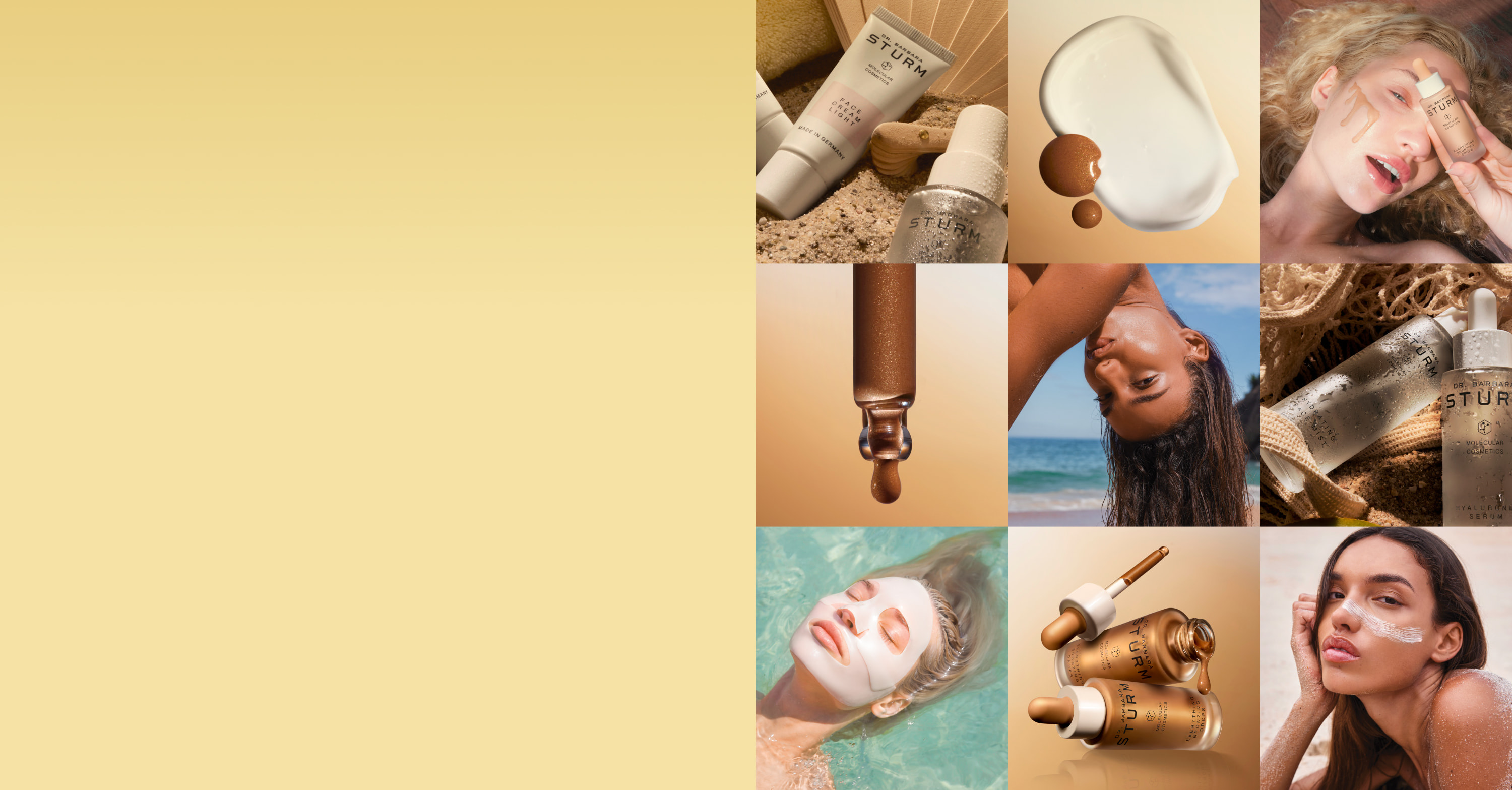 Skincare products and models showcasing beauty treatments against a gold background.